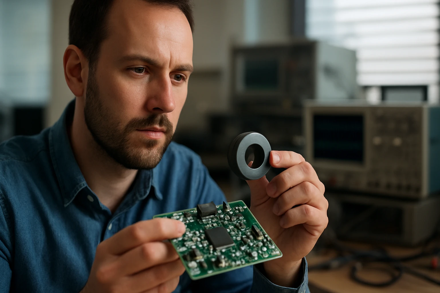 Muž skúma feritové jadro a obvodovú dosku v laboratóriu.