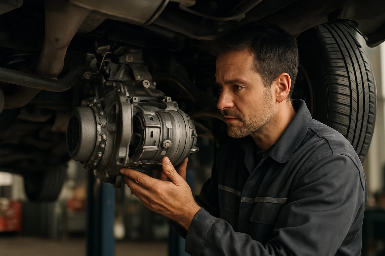 Mechanik skúma Haldex spojku pod autom, súčiastka pre AWD systémy.
