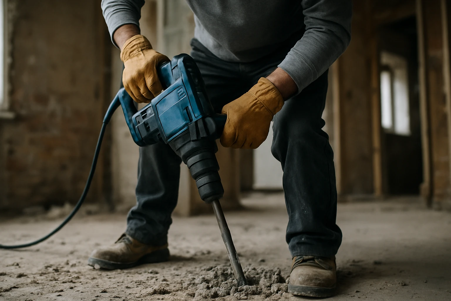 Pracovník používa pneumatické vŕtacie kladivo na vŕtanie.