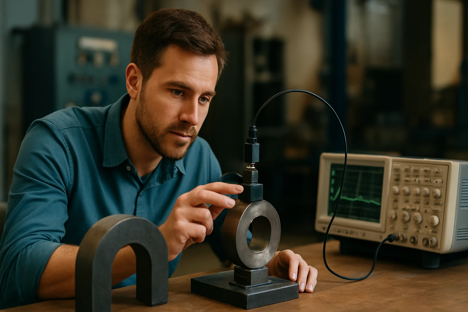 Muž skúma Hallov snímač a magnetické pole v laboratóriu