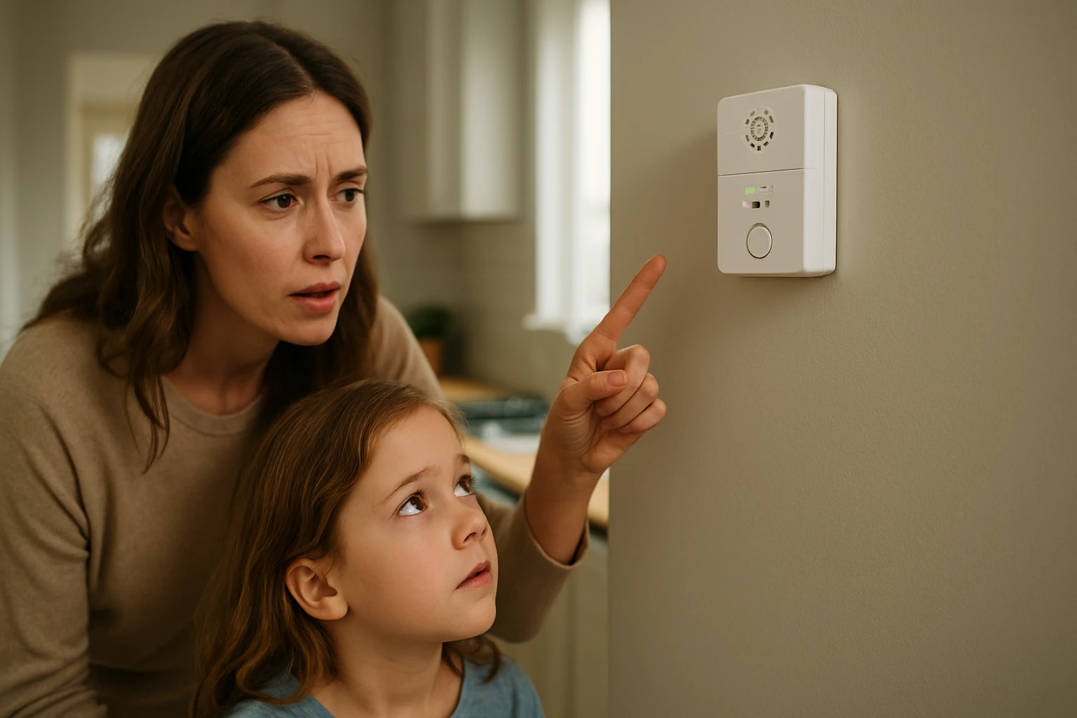 Matka s dcérou sledujú plynový detektor v domácnosti.