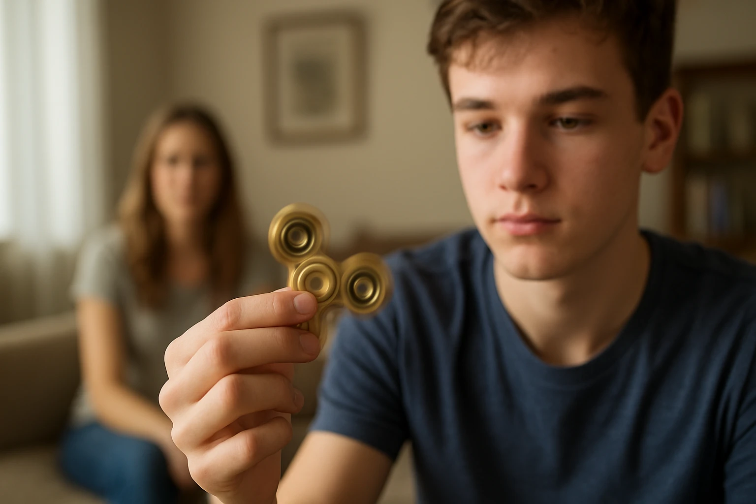 Chlapec skúma zlatý fidget spinner, pozadie rozmazané.