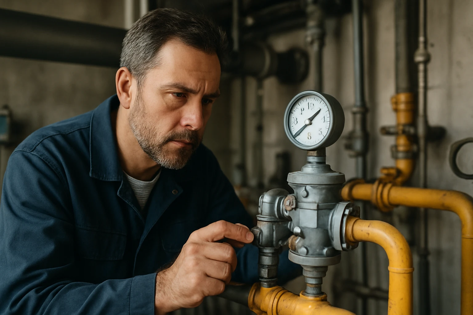 Technik kontroluje regulátor tlaku plynu na inštalácii