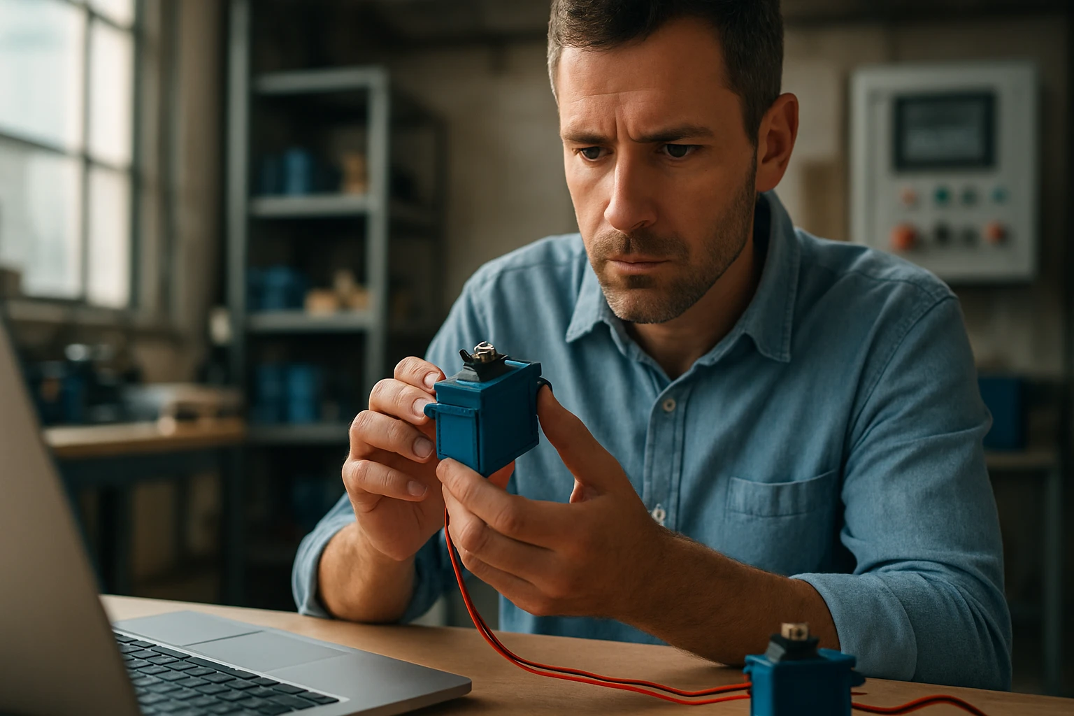 Muž skúma servomotor v technickej dielni pri počítači.