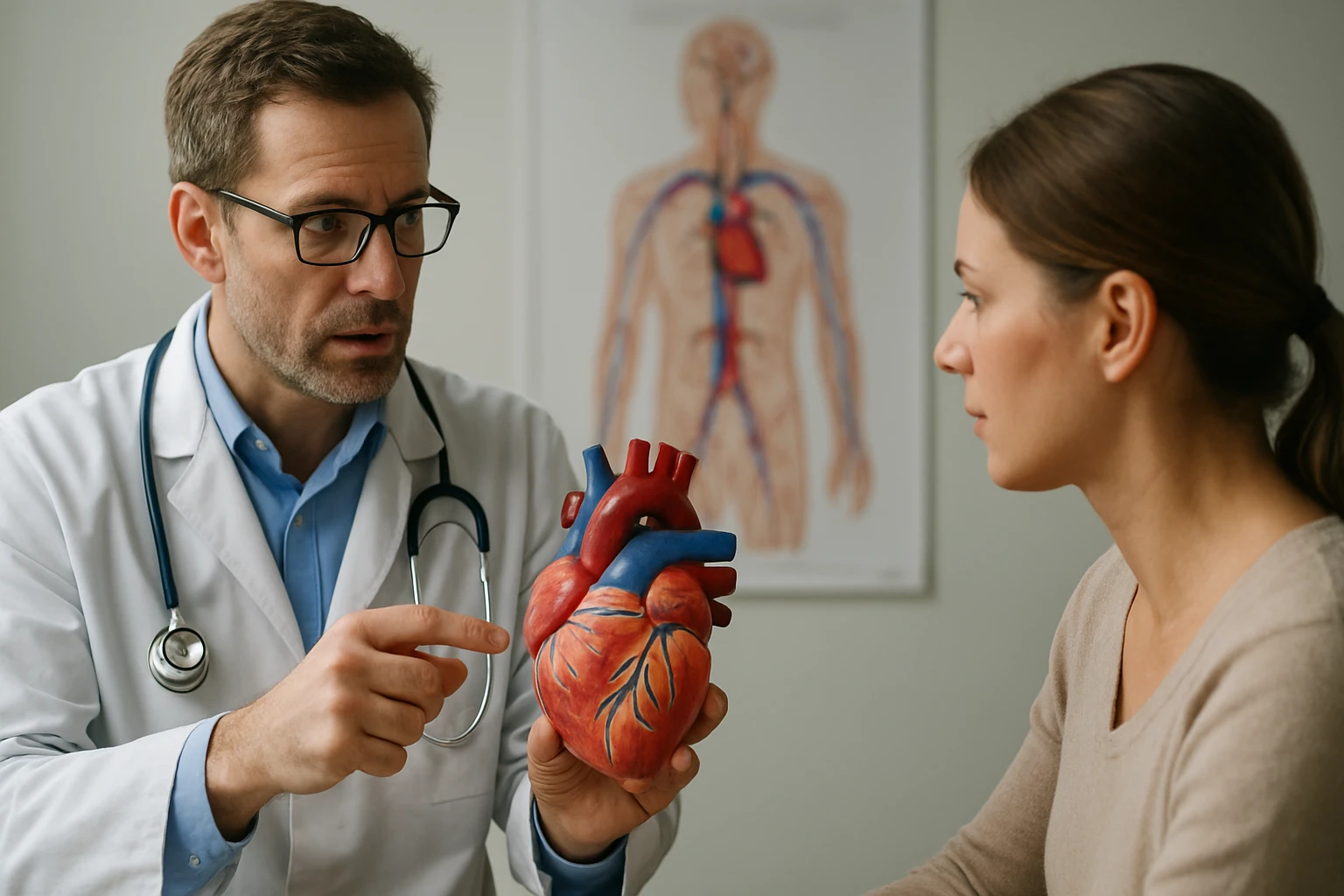 Lékař vysvětluje funkci srdce pacientce pomocí modelu srdce.