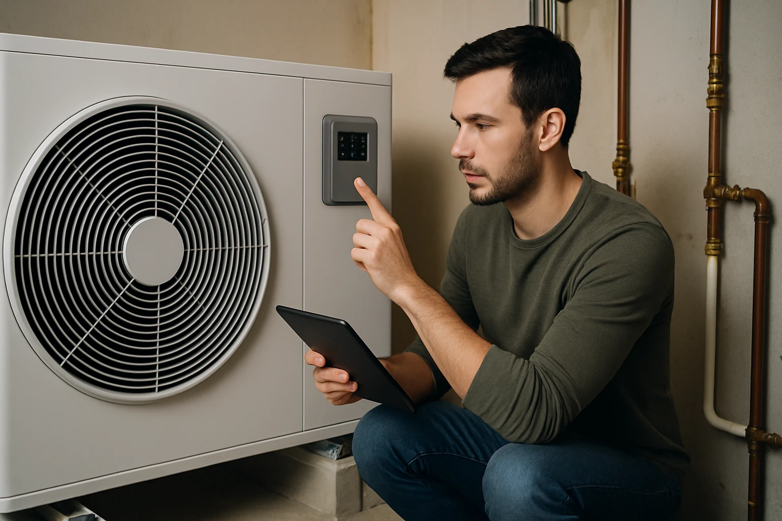 Muž nastavuje tepelné čerpadlo s tabletom v ruke.