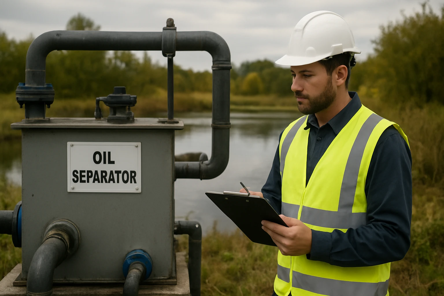 Technik kontroluje odlučovač oleja pri rieke, opatrenia na ochranu životného prostredia.