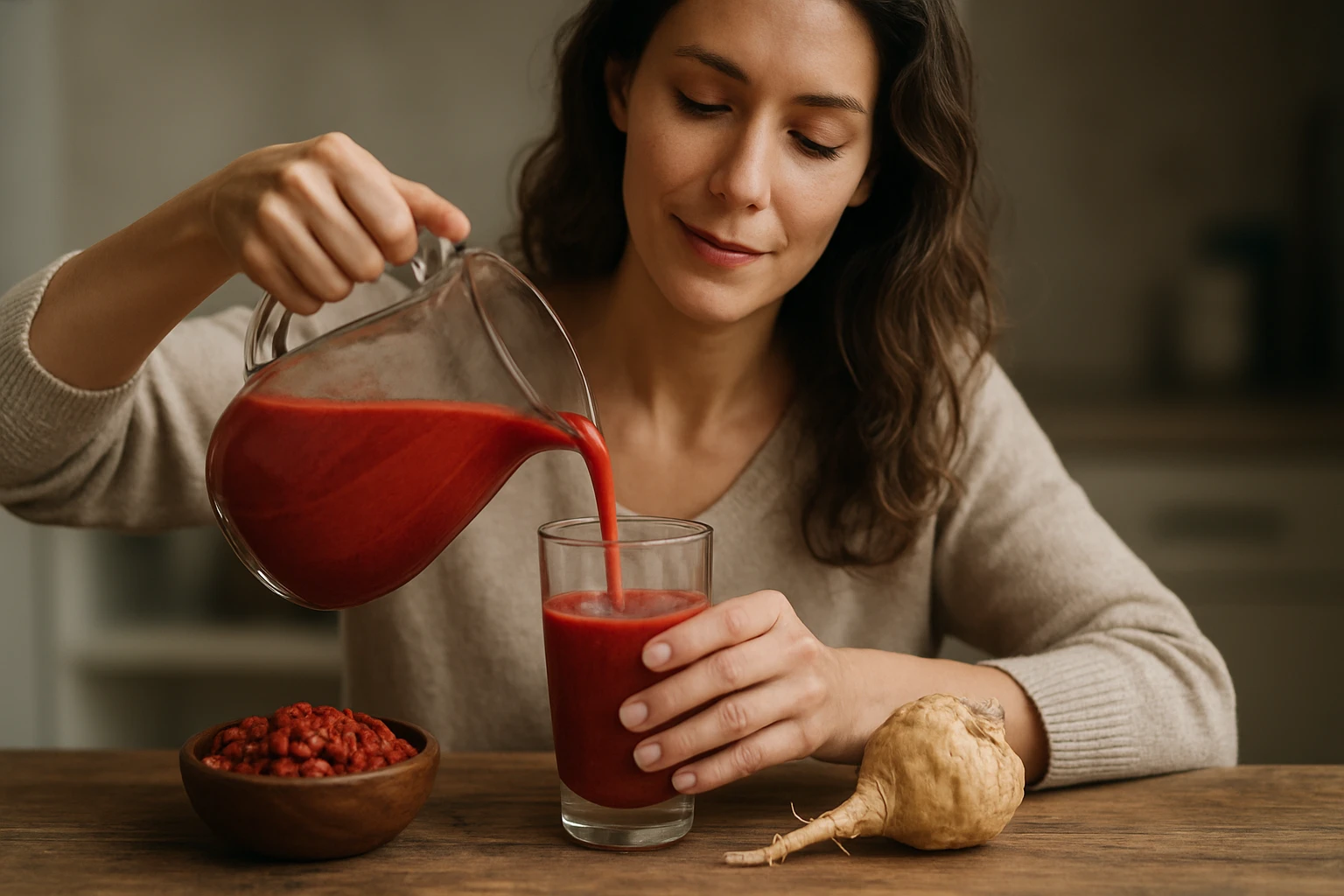 Žena nalieva smoothie z goji bobúľ a maca koreňa do pohára