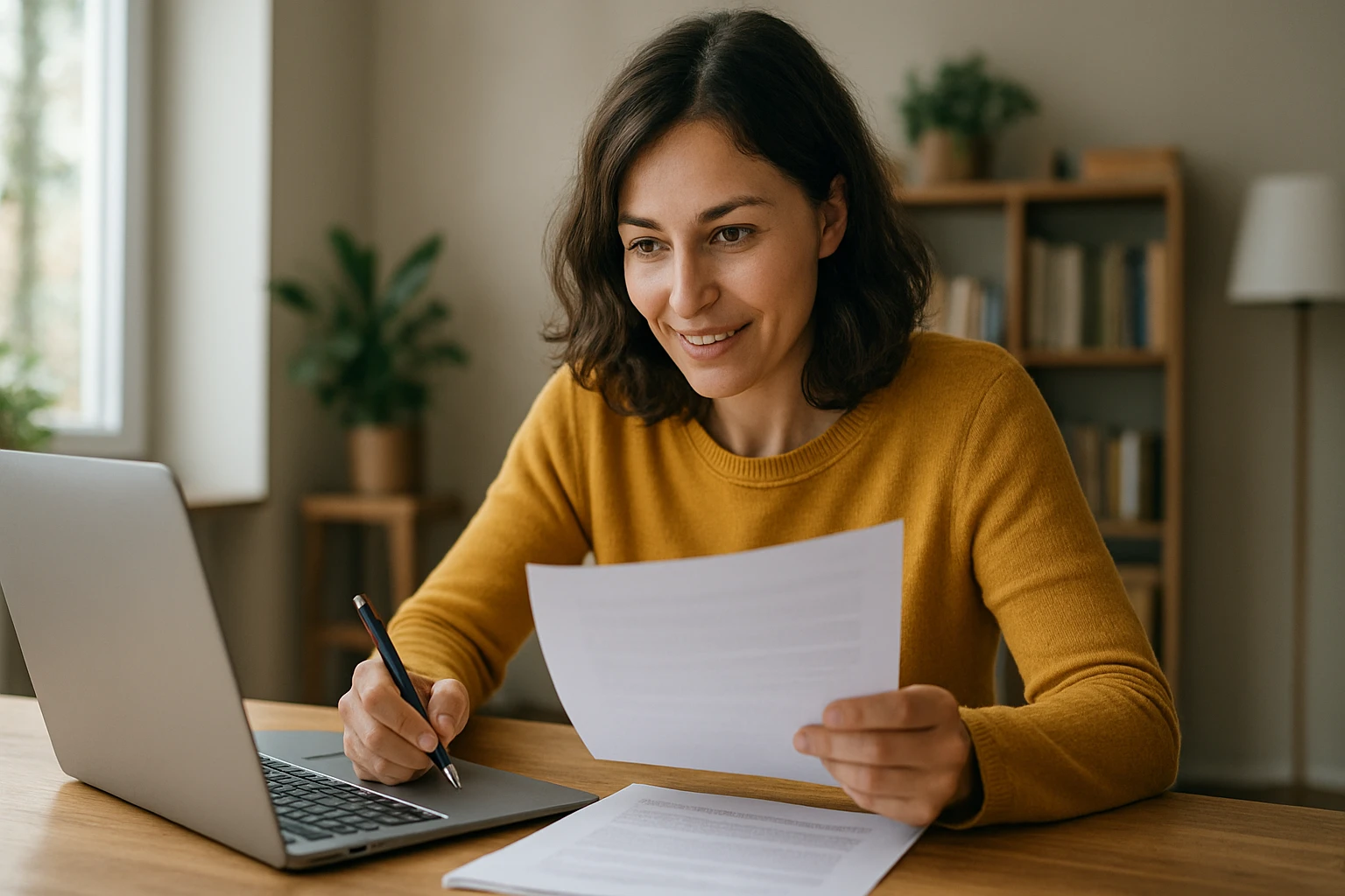 Žena pracujúca na počítači, číta dokumenty a píše poznámky.