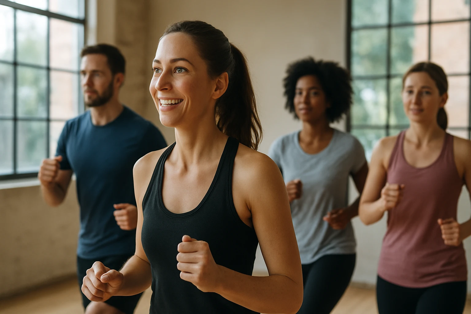 Skupina ľudí cvičí aerobik v sále so svetlom