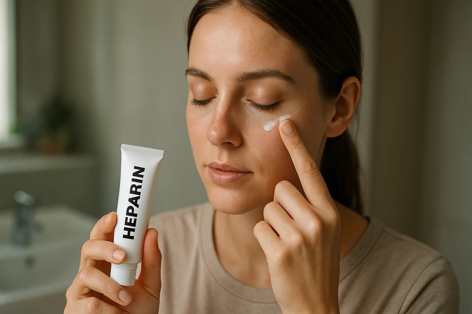 Žena aplikuje heparínový krém na tvár pre lepšiu starostlivosť o pleť.