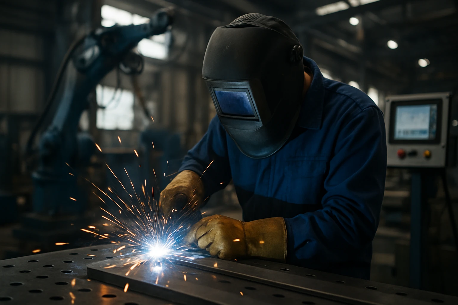 Pracovník pri impulznom zváraní v priemyselnom prostredí