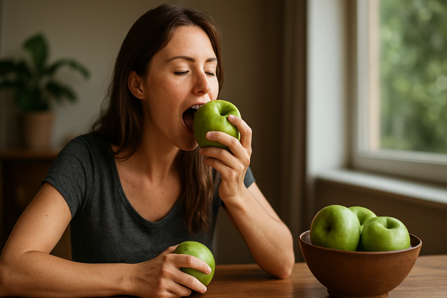 Žena si užíva kyslé jablko Granny Smith a zdravé občerstvenie.