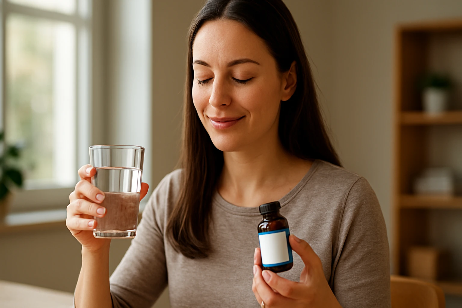 Žena s pohárom vody a fľašou prírodného doplnku Jodaqua na zlepšenie zdravia