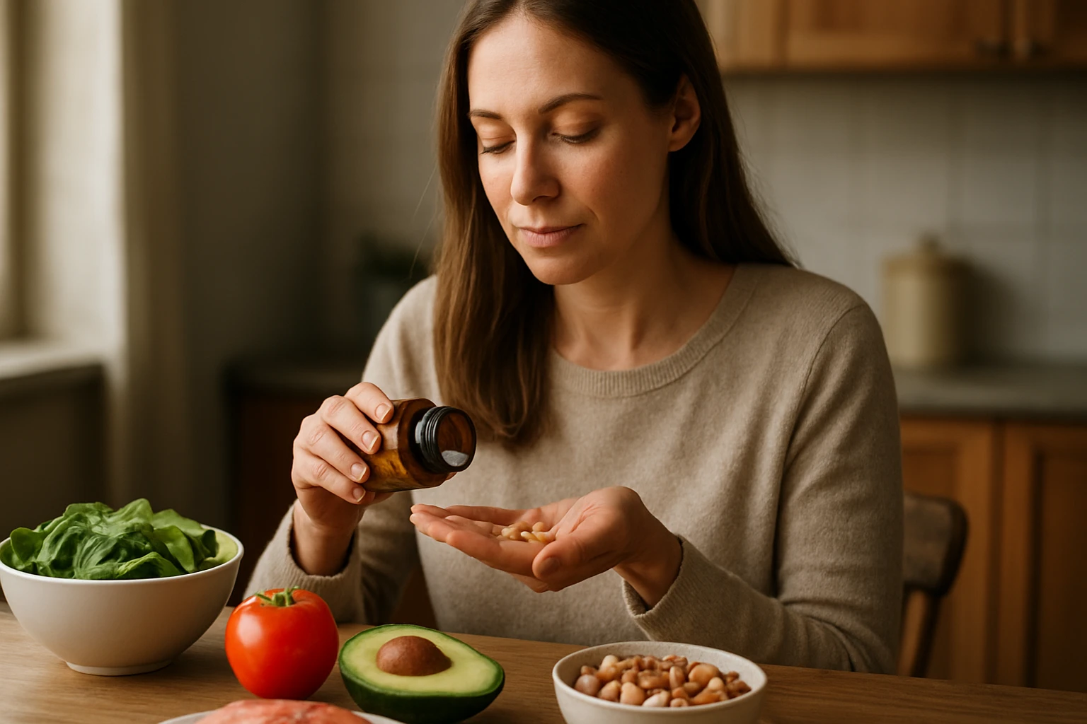 Žena užíva doplnok stravy s vitamínom B5 pri zdravom jedle.