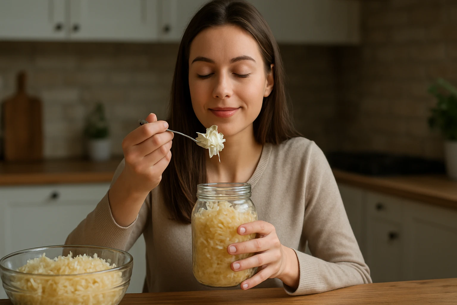 Mladá žena vychutnáva kyslú kapustu z pohára v kuchyni.