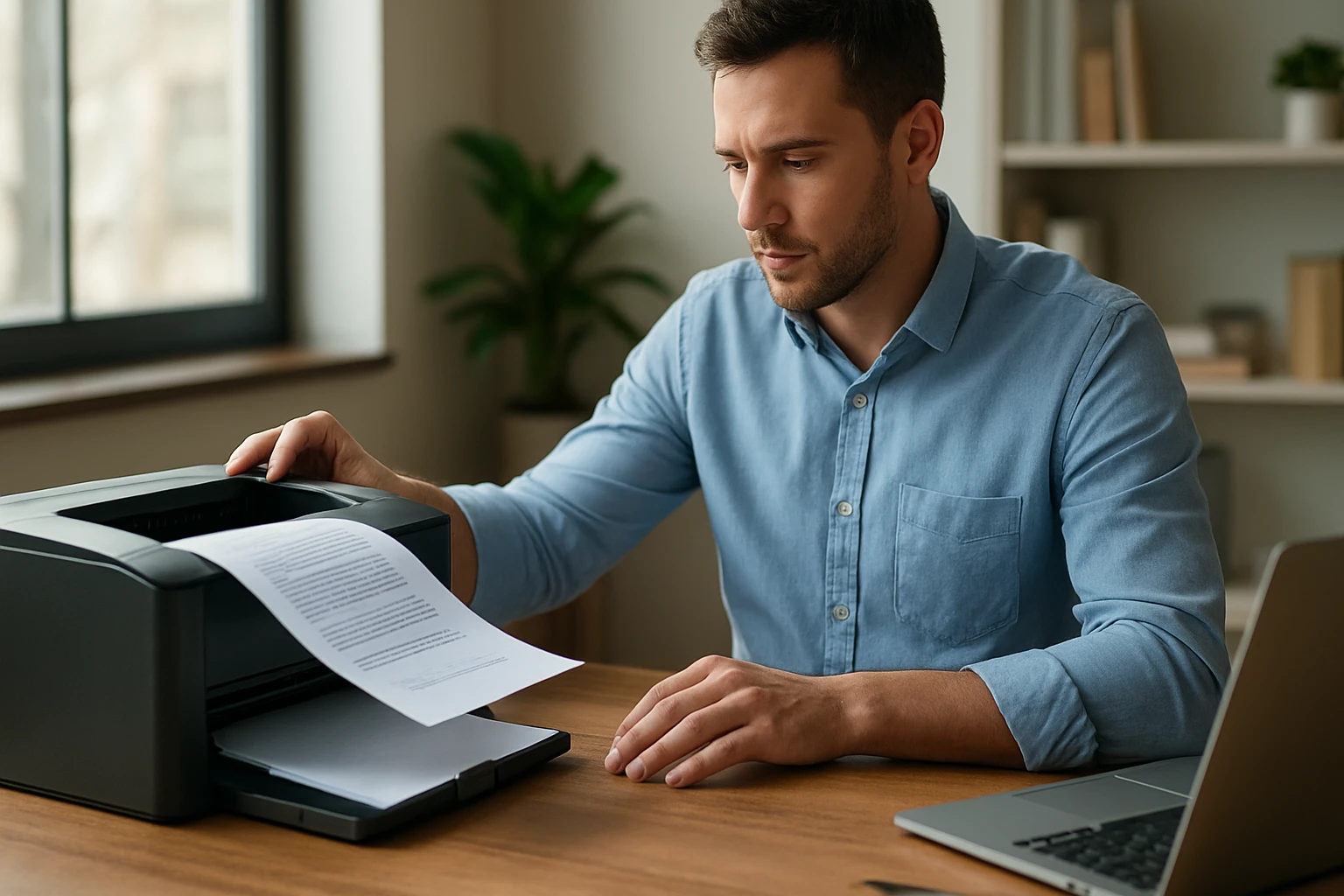 Muž používajúci laserovú tlačiareň v kancelárii na tlač dokumentu.
