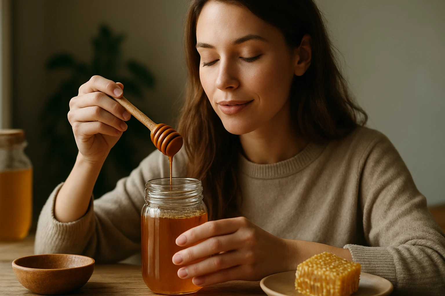 Žena s medom a lyžičkou, užívajúca si výhody medu pre zdravie.