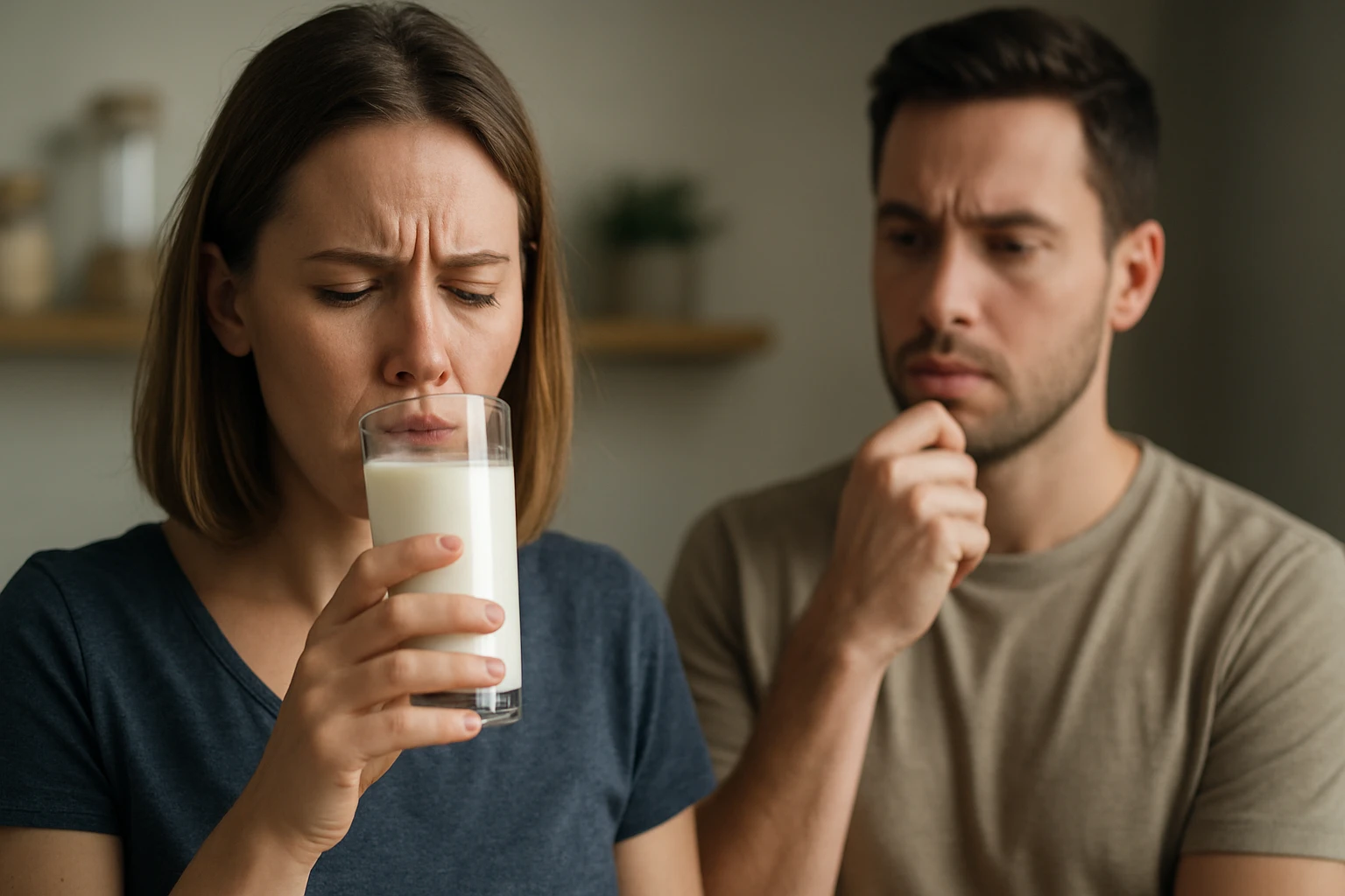 Žena pije mlieko s obavami, zatiaľ čo muž ju pozoruje.