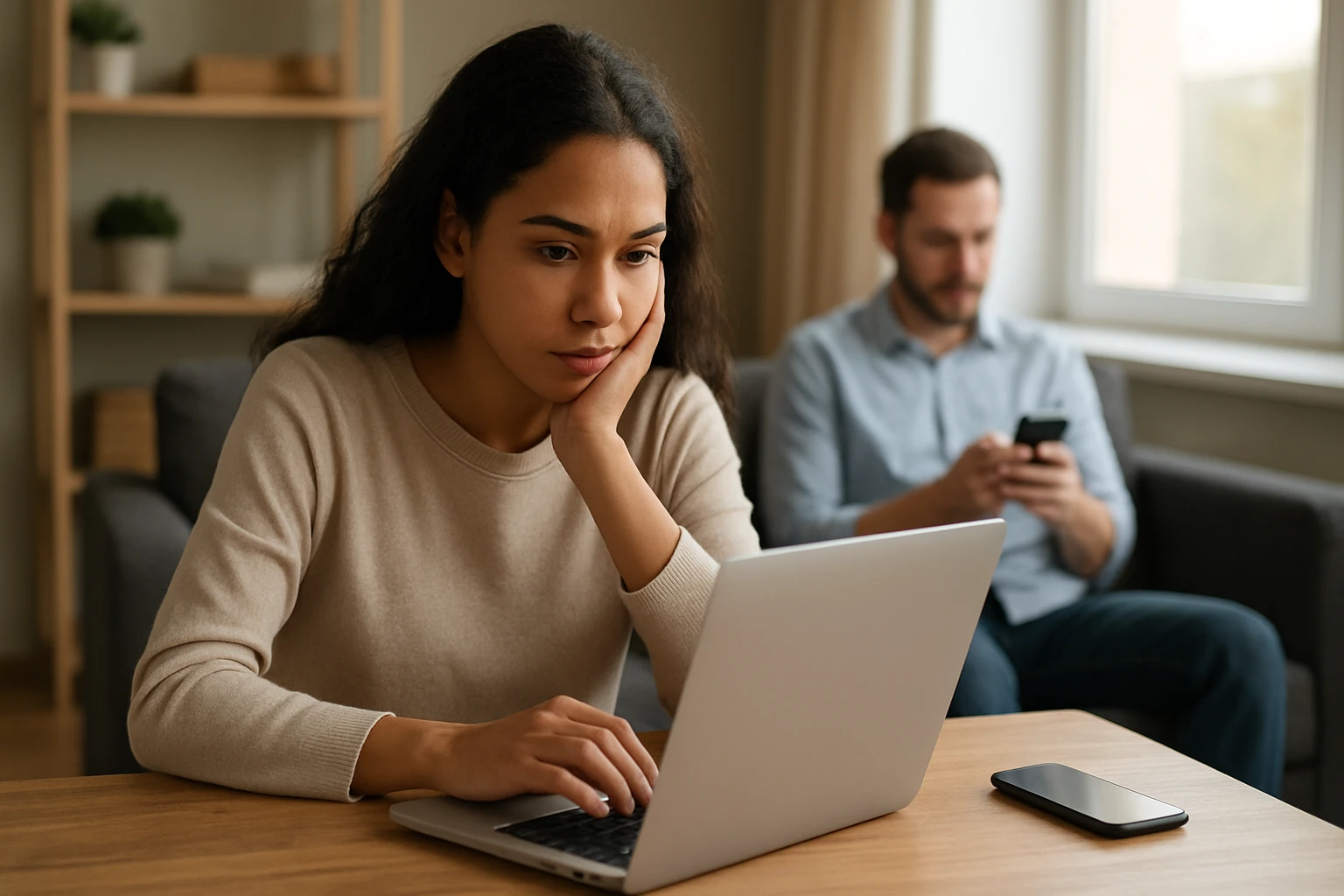 Mladá žena pracuje na laptopu, muž používa telefón v pozadí