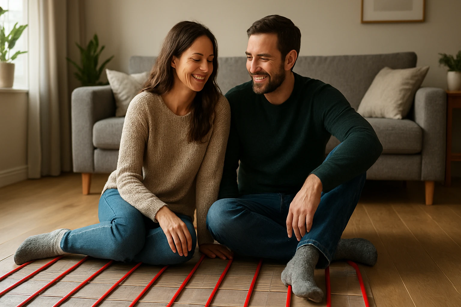 Pár si užíva pohodlie podlahového kúrenia v obývacej izbe.