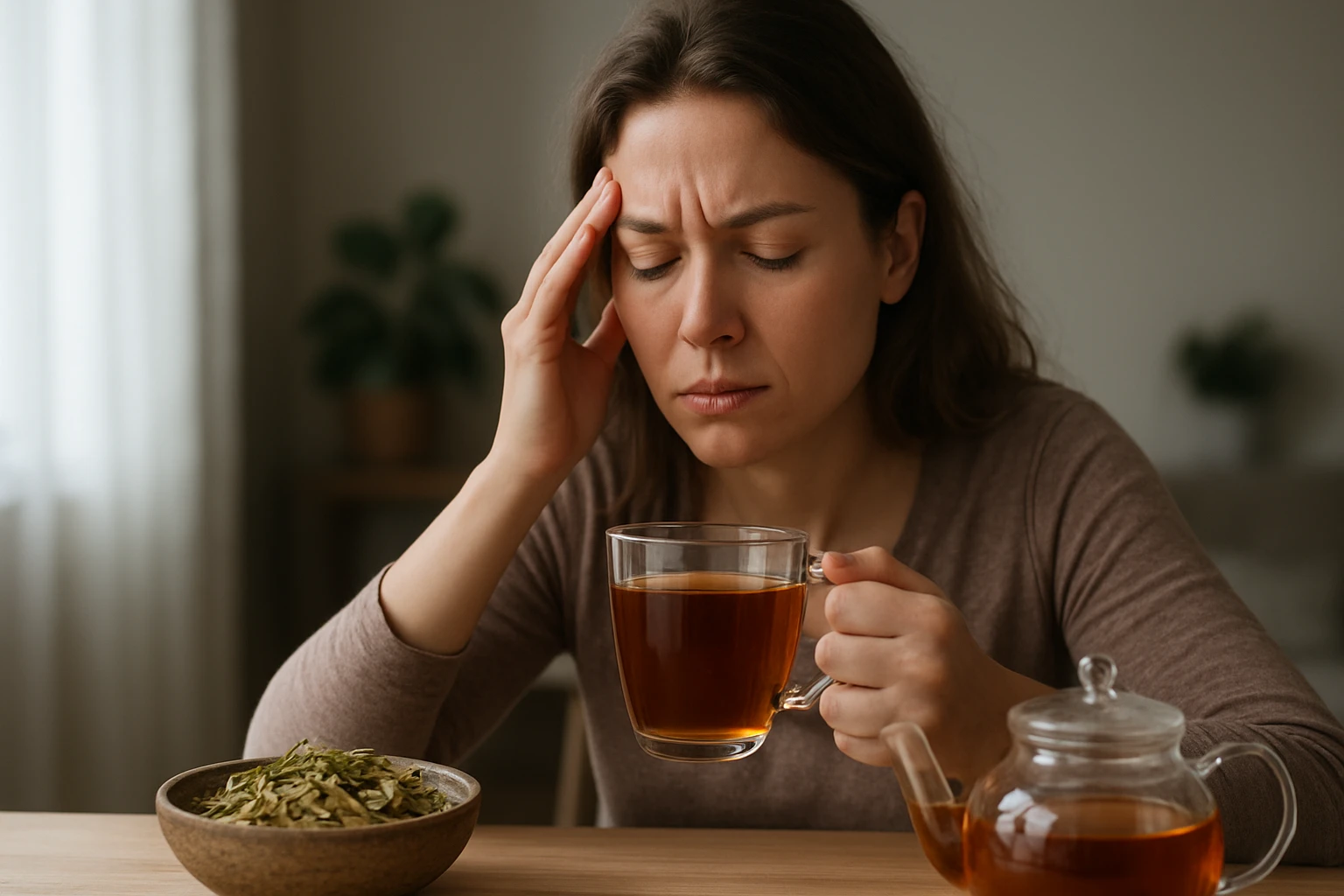 Žena pijúca senna čaj, zameraná na zdravotné výhody a vedľajšie účinky.