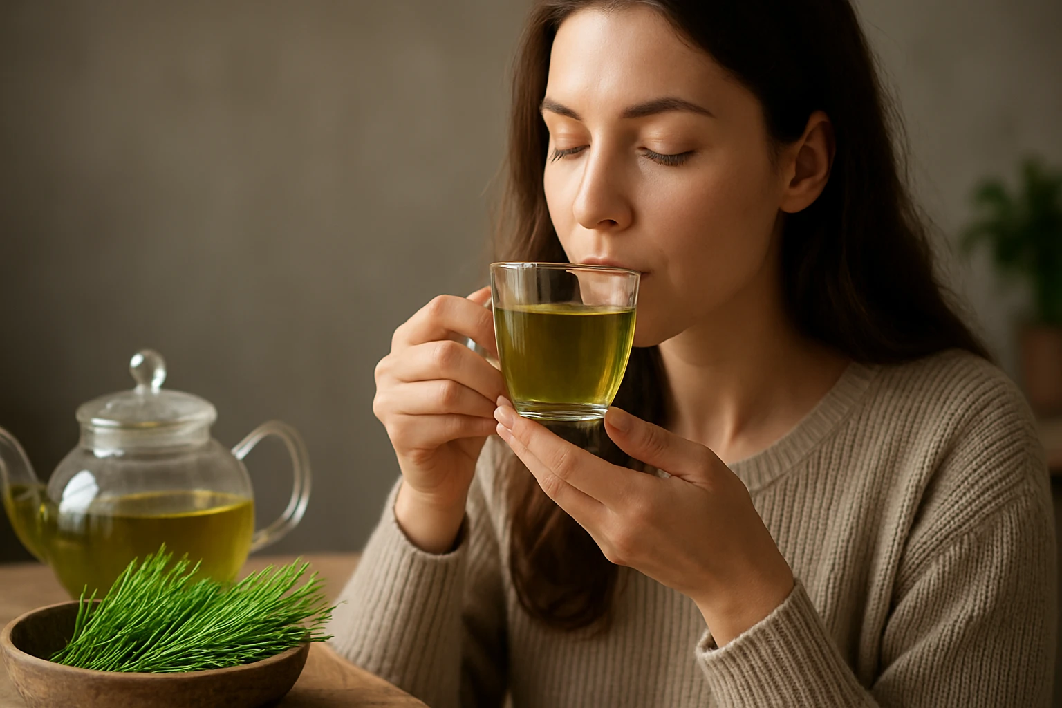 Žena užívajúca si šálku čaju z prasličky v pohodlí domova.