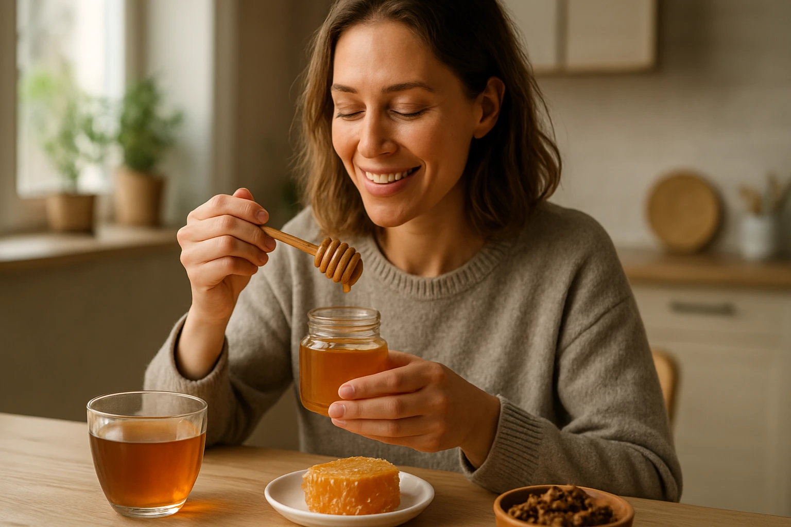 Žena si vychutnáva propolisový med, zdravý nápoj a medovú šťavu.