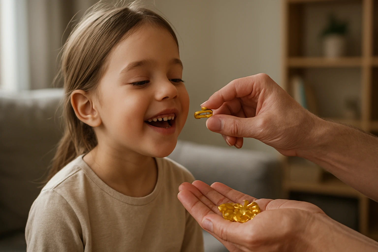 Dieťa sa smeje a pripravuje sa na užitie rybieho oleja.