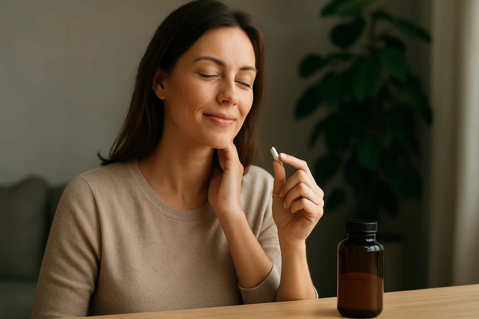 Žena si užíva bio selén pre zlepšenie zdravia a pohody.