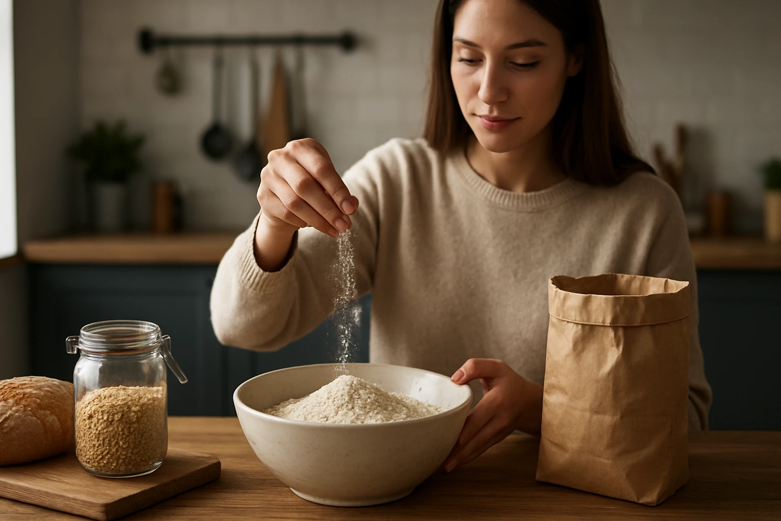 Žena pridáva špaldovú múku do misy na pečenie.