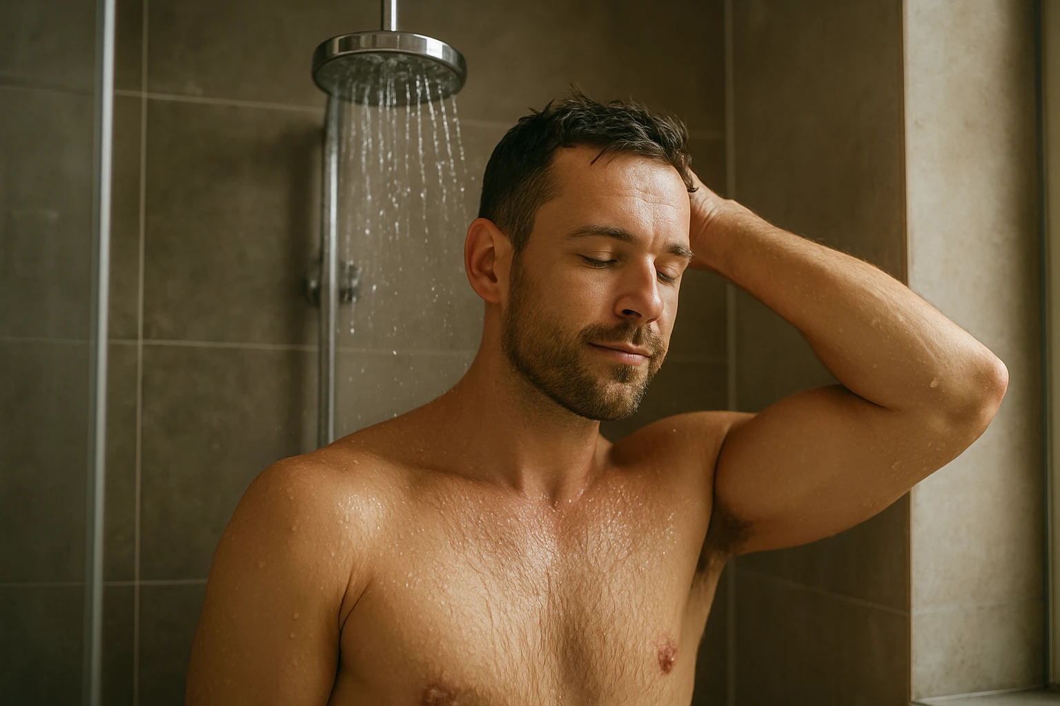 Muž si užíva studenú a teplú sprchu pre zlepšenie zdravia.