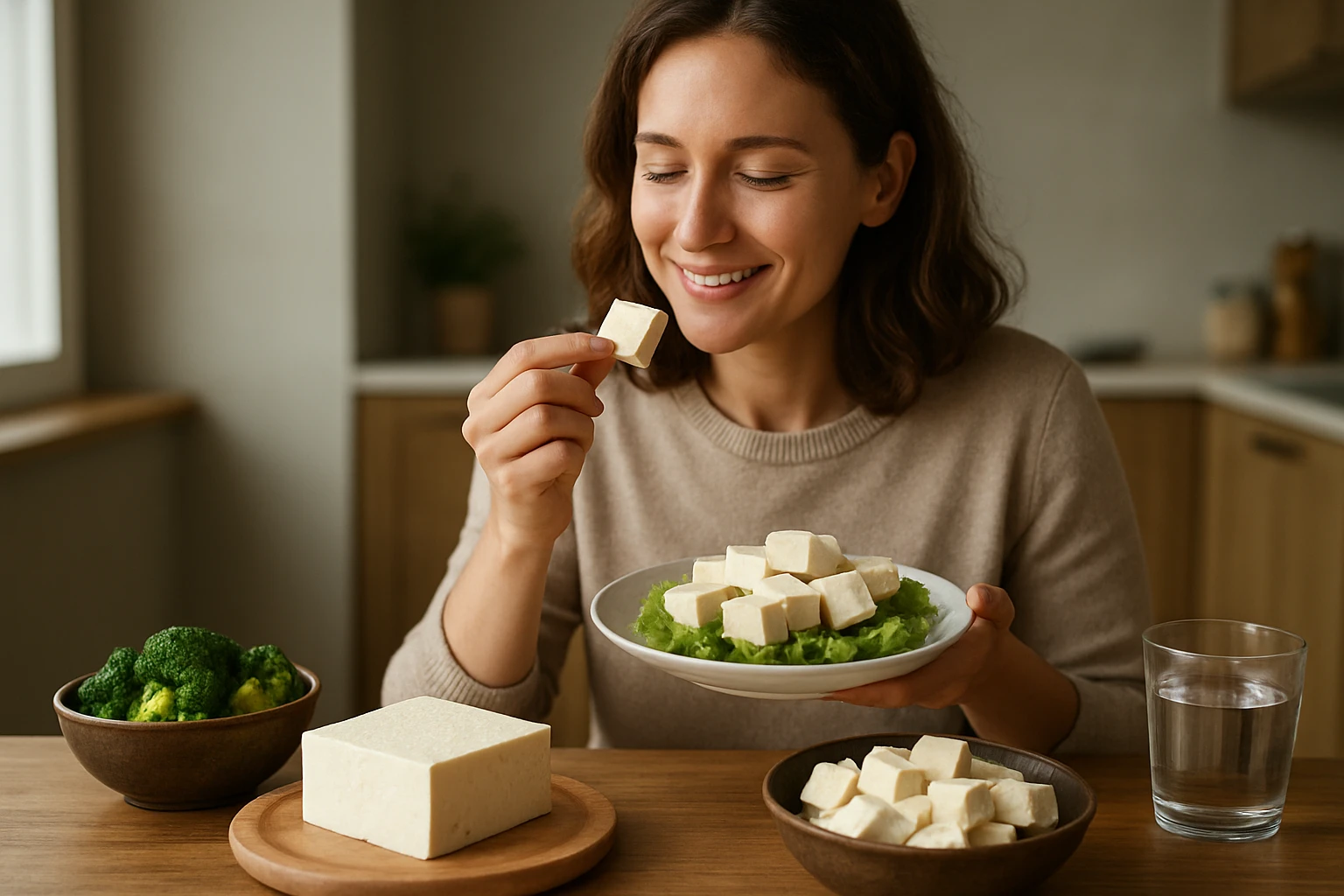 Žena si užíva tofu s brokolicou na tanieri v zdravej kuchyni.
