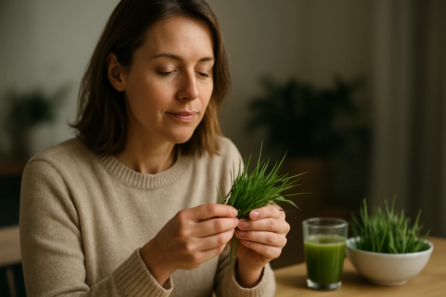 Žena skúma čerstvú trávu a zelený nápoj na stole.
