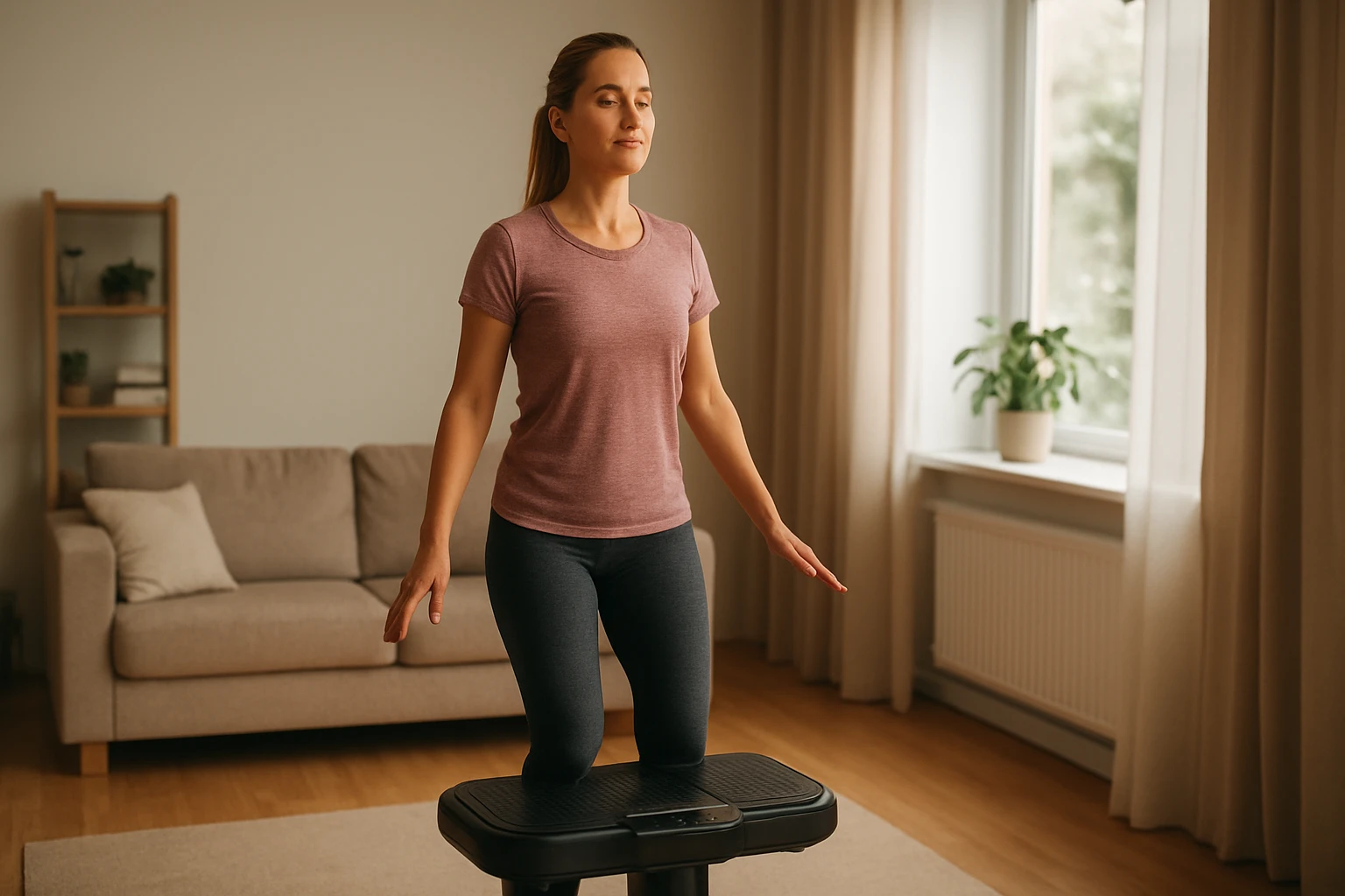 Žena cviči na vibračnom tréneri pre zlepšenie pohody a zdravia.