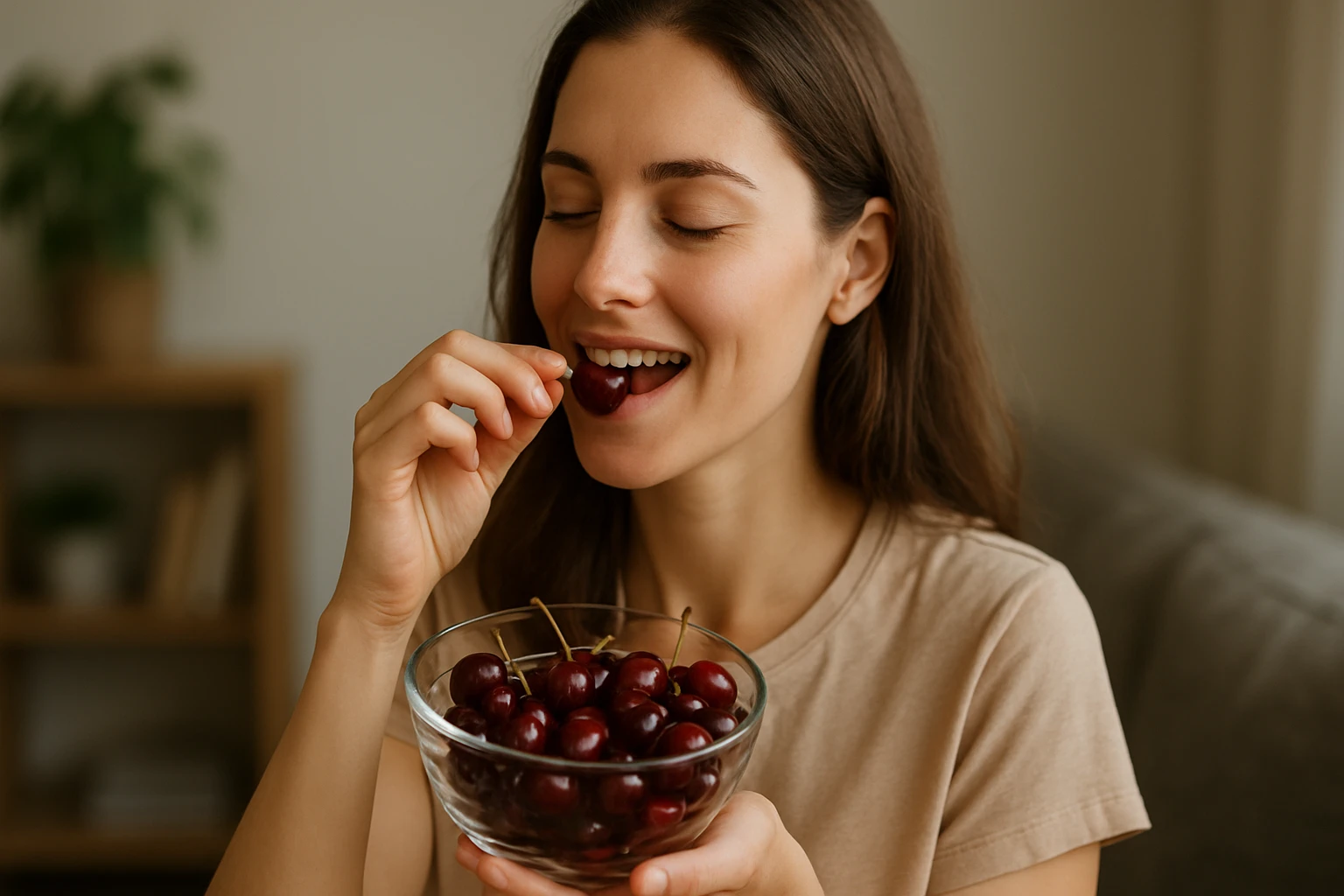 Žena si vychutnáva čerstvé višne z misky doma.