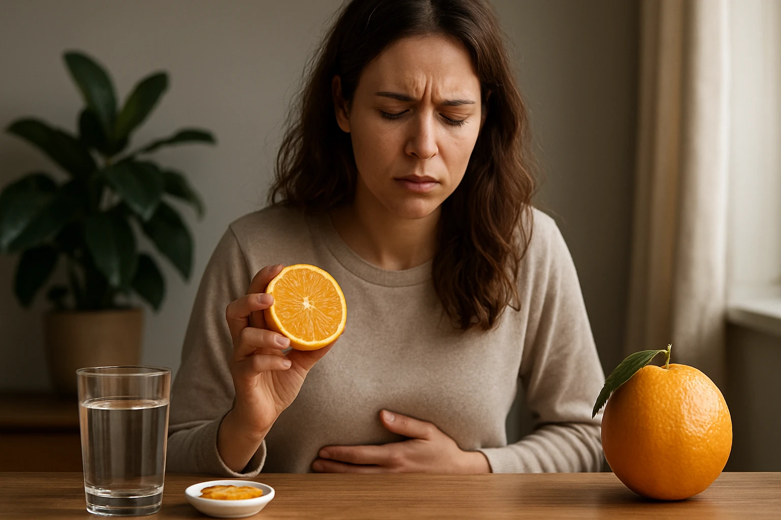 Žena so symptómami menštruačného cyklu drží pomaranč.