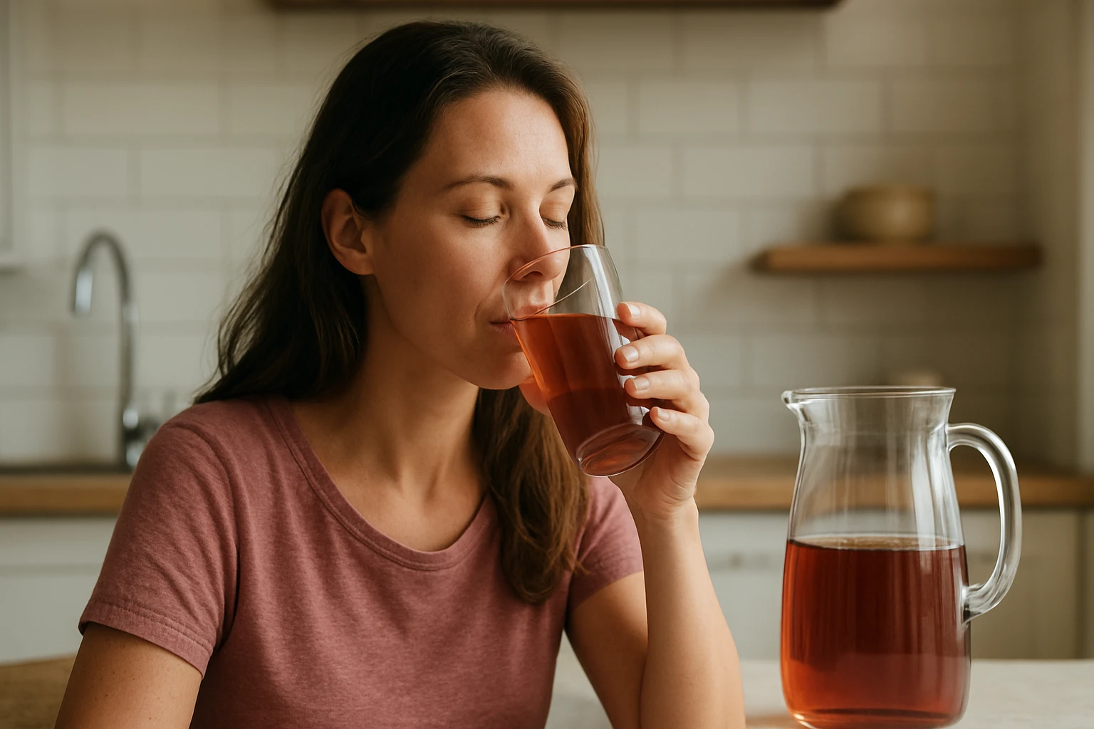 Žena pije vodu s obsahom železa pre zlepšenie zdravia.