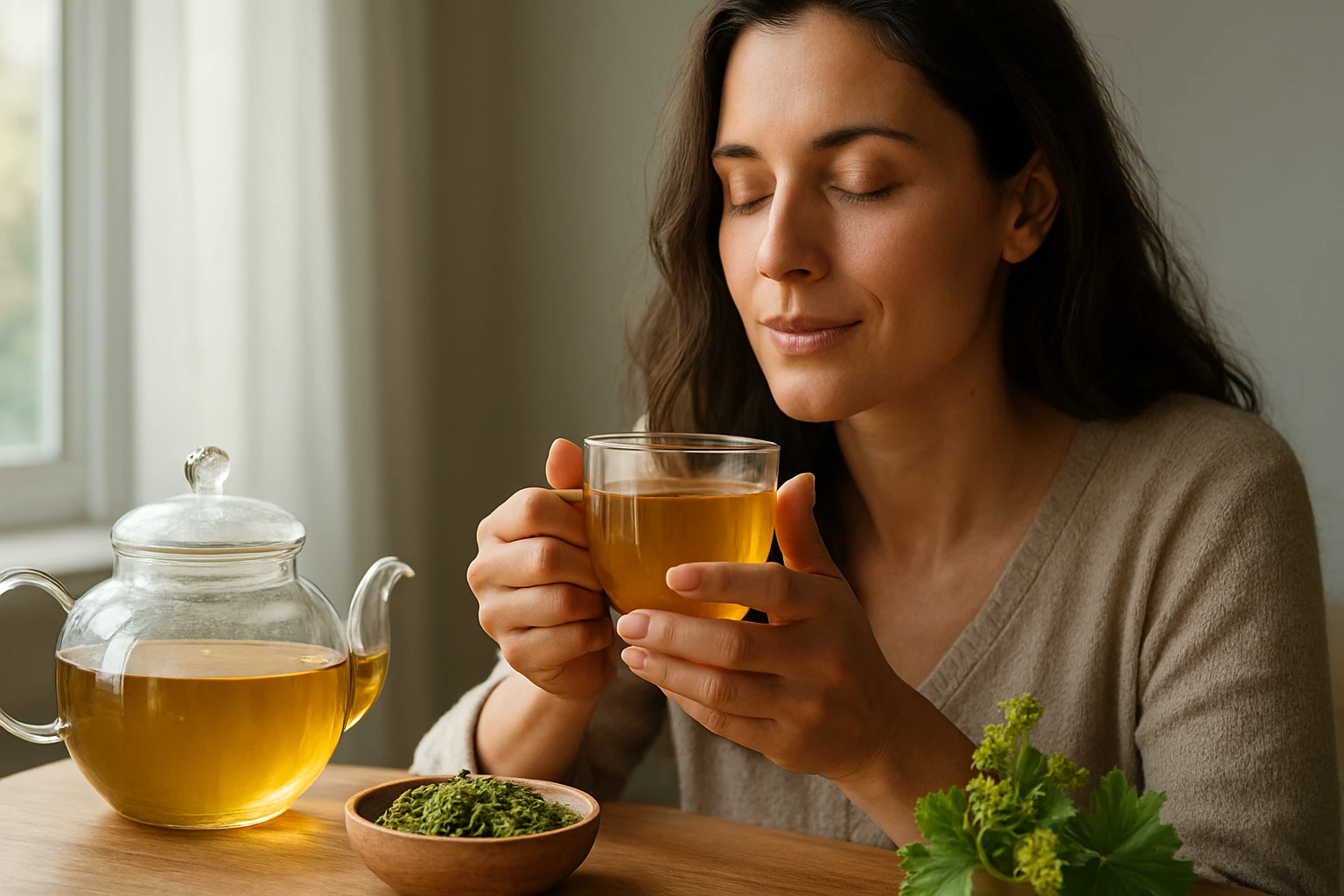Žena vychutnáva alchemilkový čaj s relaxačným úsmevom.