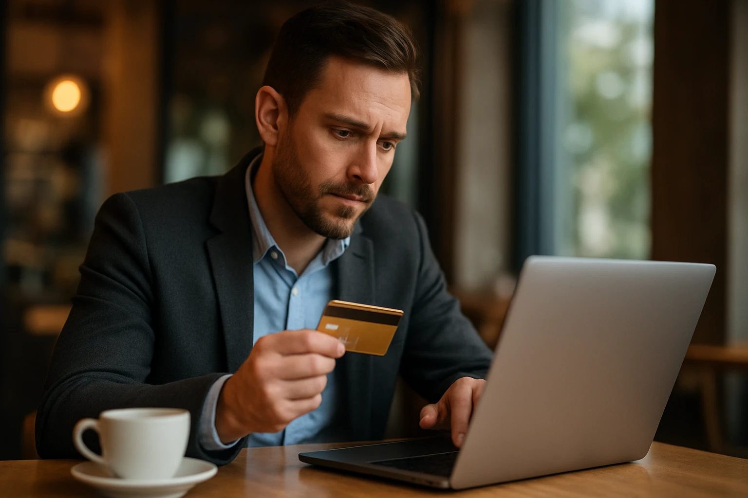 Muž so zlatou kartou a laptopom pri plánovaní investícií