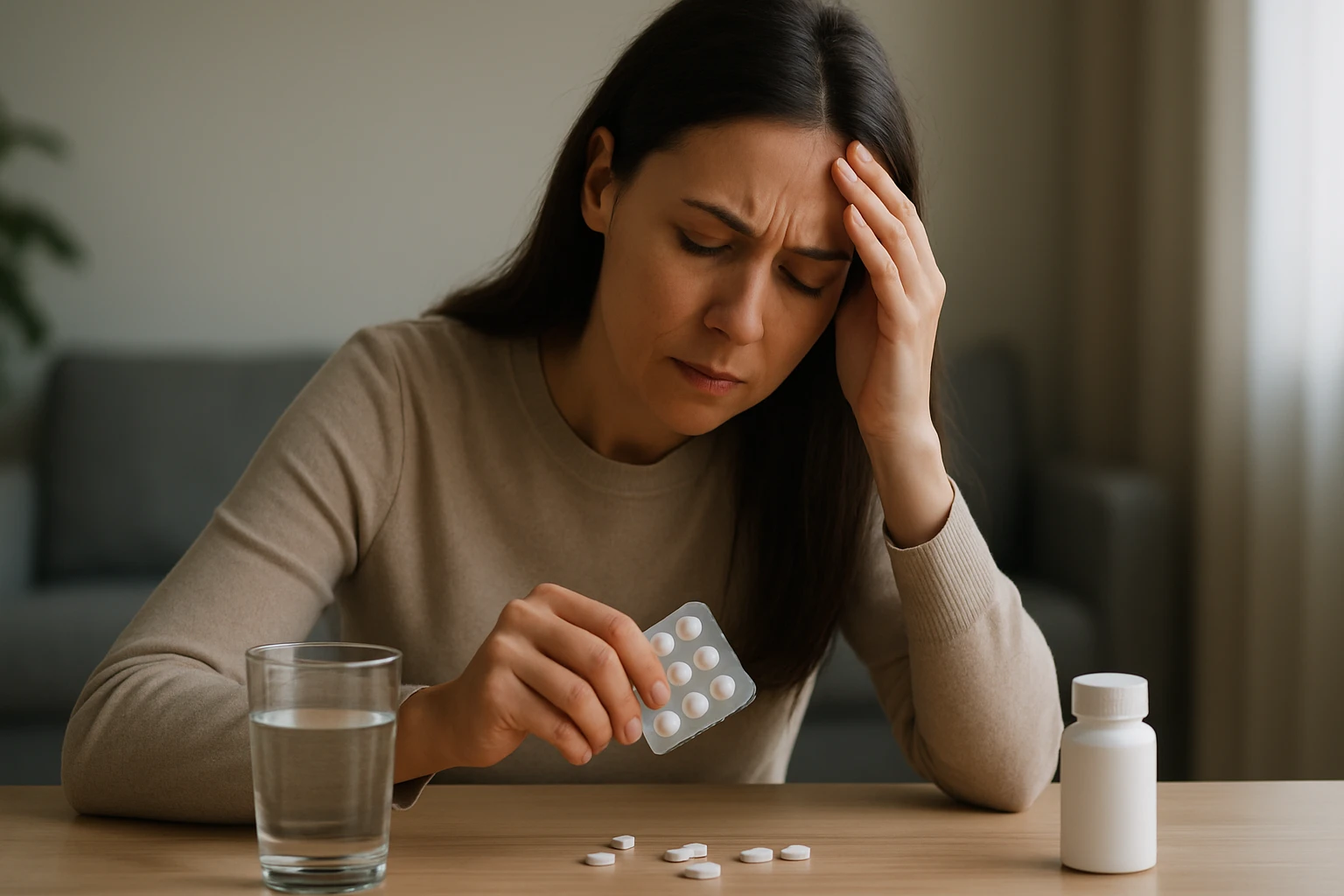Žena sa sústredí na tabletky, zjavne trpí bolesťou hlavy.