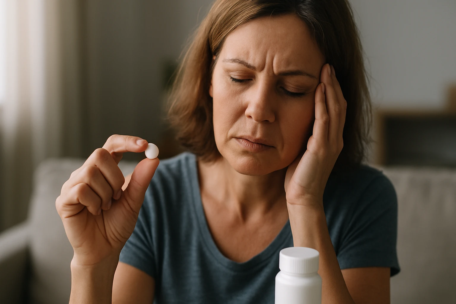 Žena s bolesťou hlavy drží tabletu ibuprofénu v ruke