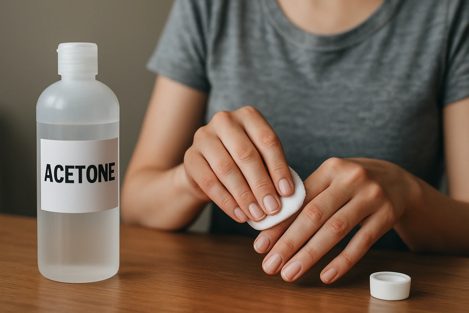 Žena používa acetón na čistenie nechtov.
