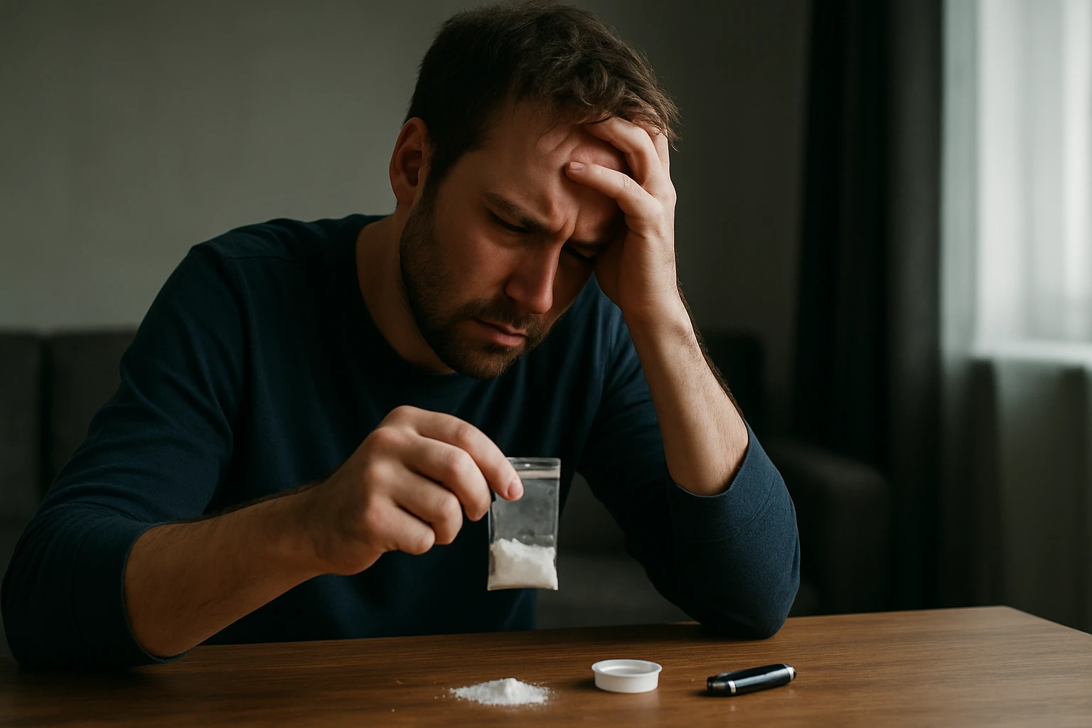 Muž za stolom, frustrácia z užívania alfa-PVP