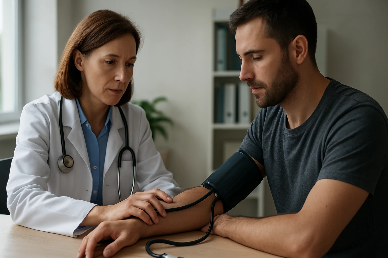 Lekárka vyšetruje muža s vysokým krvným tlakom.