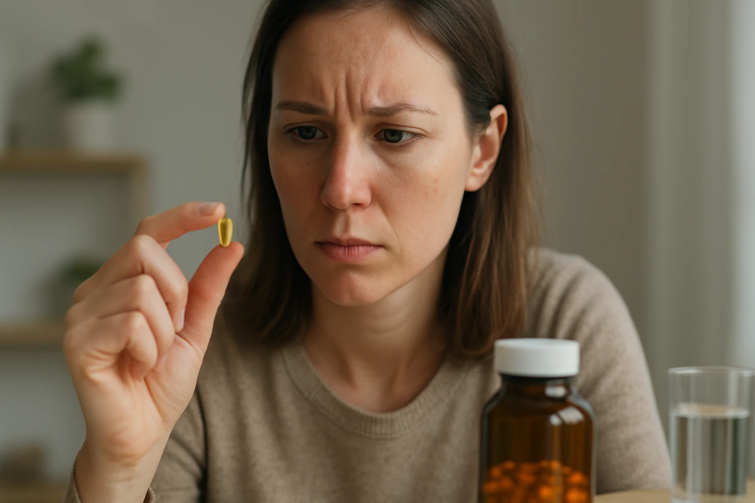 Žena skúma kapsulu vitamínu A s naliehavosťou a pozornosťou.