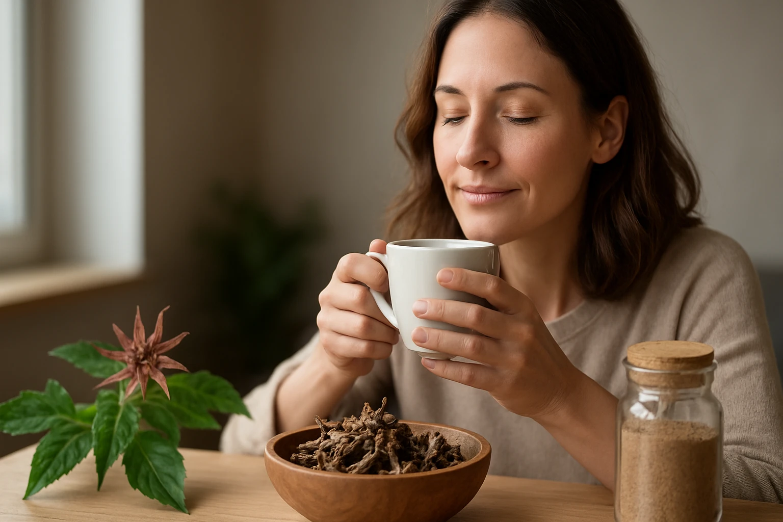 Žena vychutnáva diablov pazúr v šálke na podporu zdravia