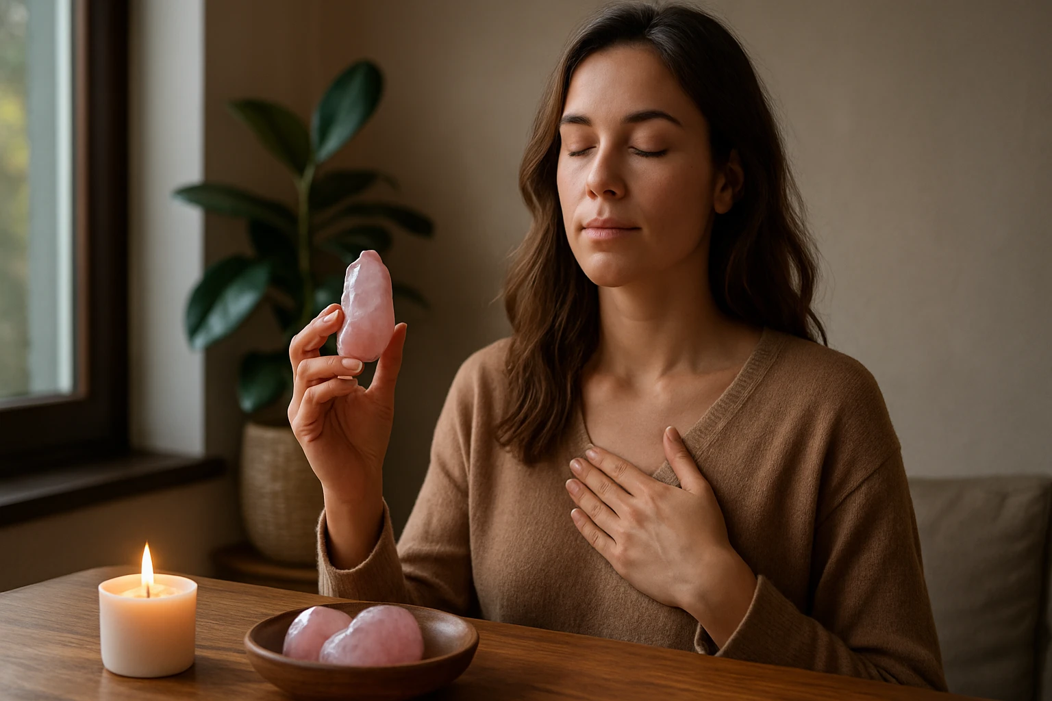 Žena s čerešňovým kameňom v ruke pri meditácii.