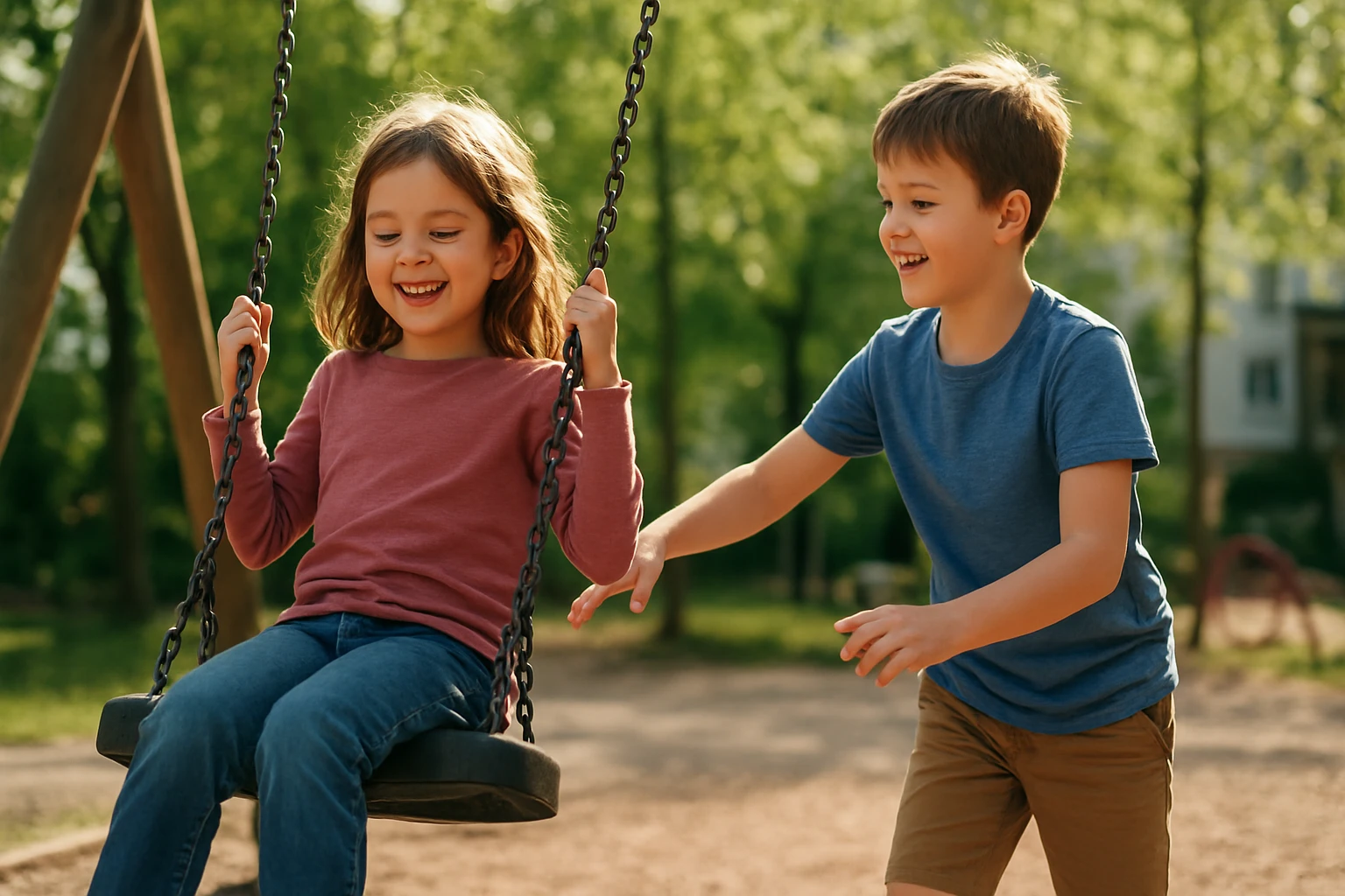 Deti sa hrajú na hojdačke, rozvíjajú motoriku a sociálne zručnosti.