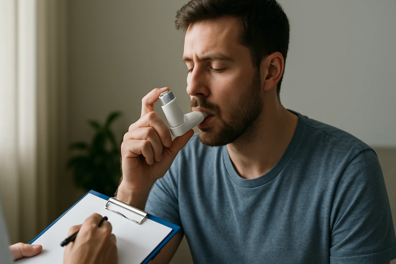 Muž používa inhalátor na astmu v lekárskej ordinácii.